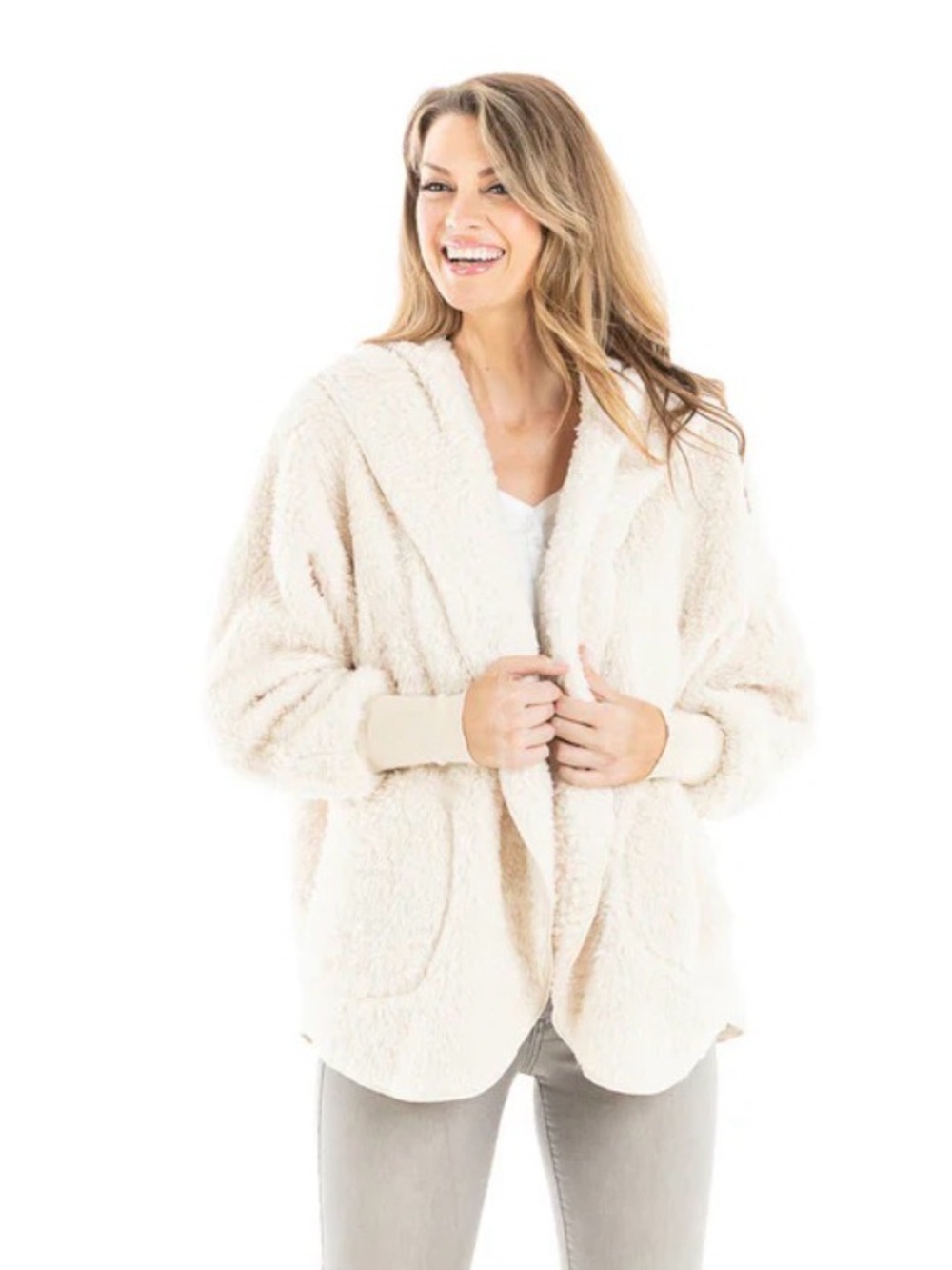 KatyDid cream SHERPA BODY WRAP CARDIGAN Jacket with hood size OSFM